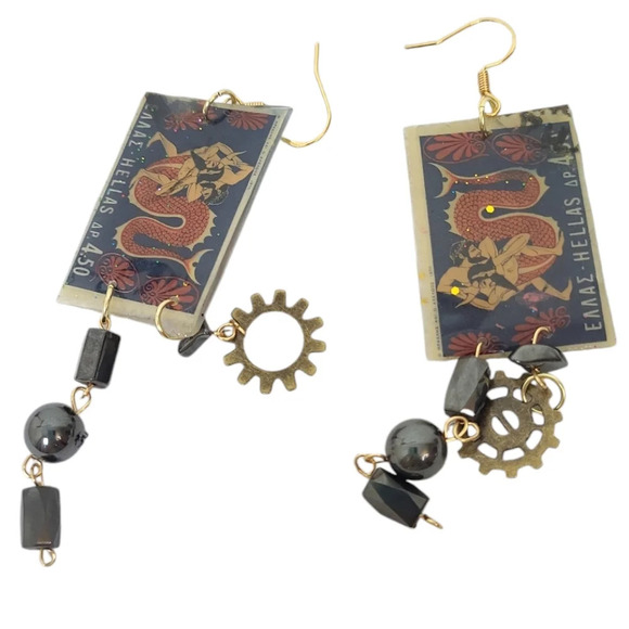 14k Greece Labors of Hercules Stamp Hemitite Earrings - Picture 1 of 3